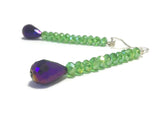 Long Purple Green Crystal Sterling Silver Earrings, Bridal Wedding Jewelry