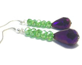 Purple Green Crystal Sterling Silver Earrings, Bridal Wedding Jewelry