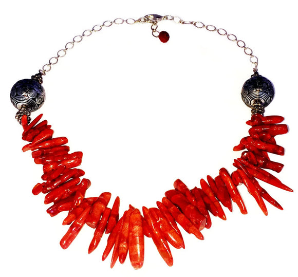 Red Coral Clustered Silver Chain Necklace