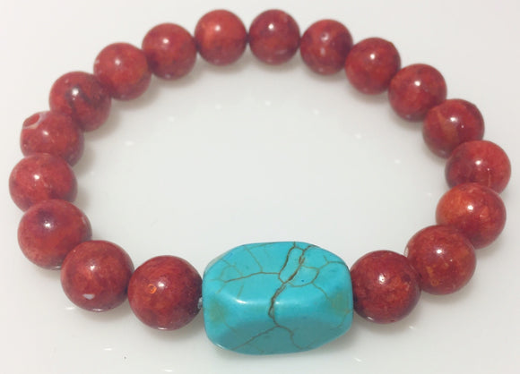 Red Coral Turquoise Stretch Bracelet