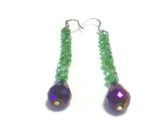Long Purple Green Crystal Sterling Silver Earrings, Bridal Wedding Jewelry