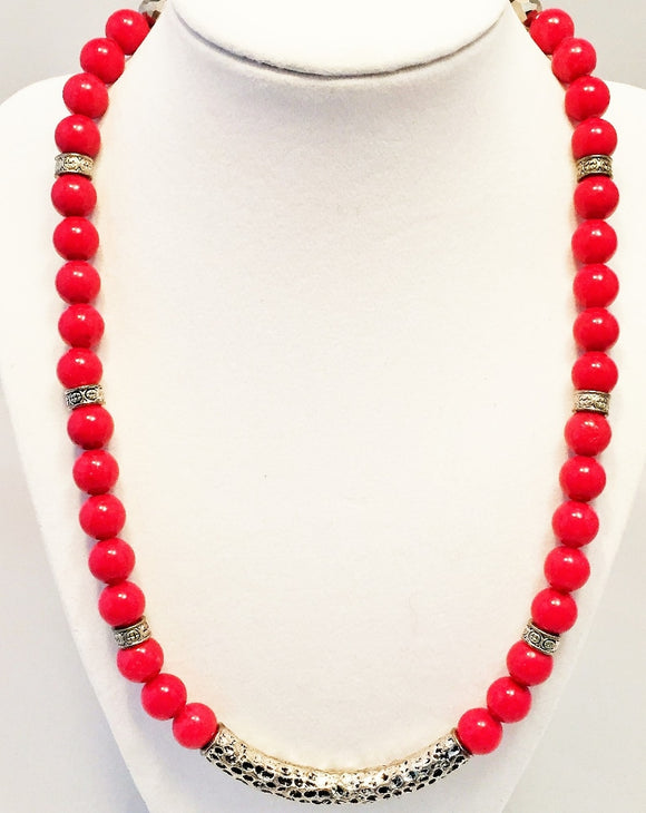 Red Jade Necklace, Silver Accent